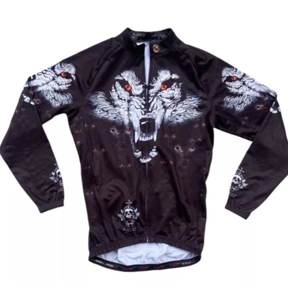 Wolf Cycling Jersey Men’s Long Sleeve Full Zip Bike Shirt Cool Graphic L Winter - Picture 1 of 6